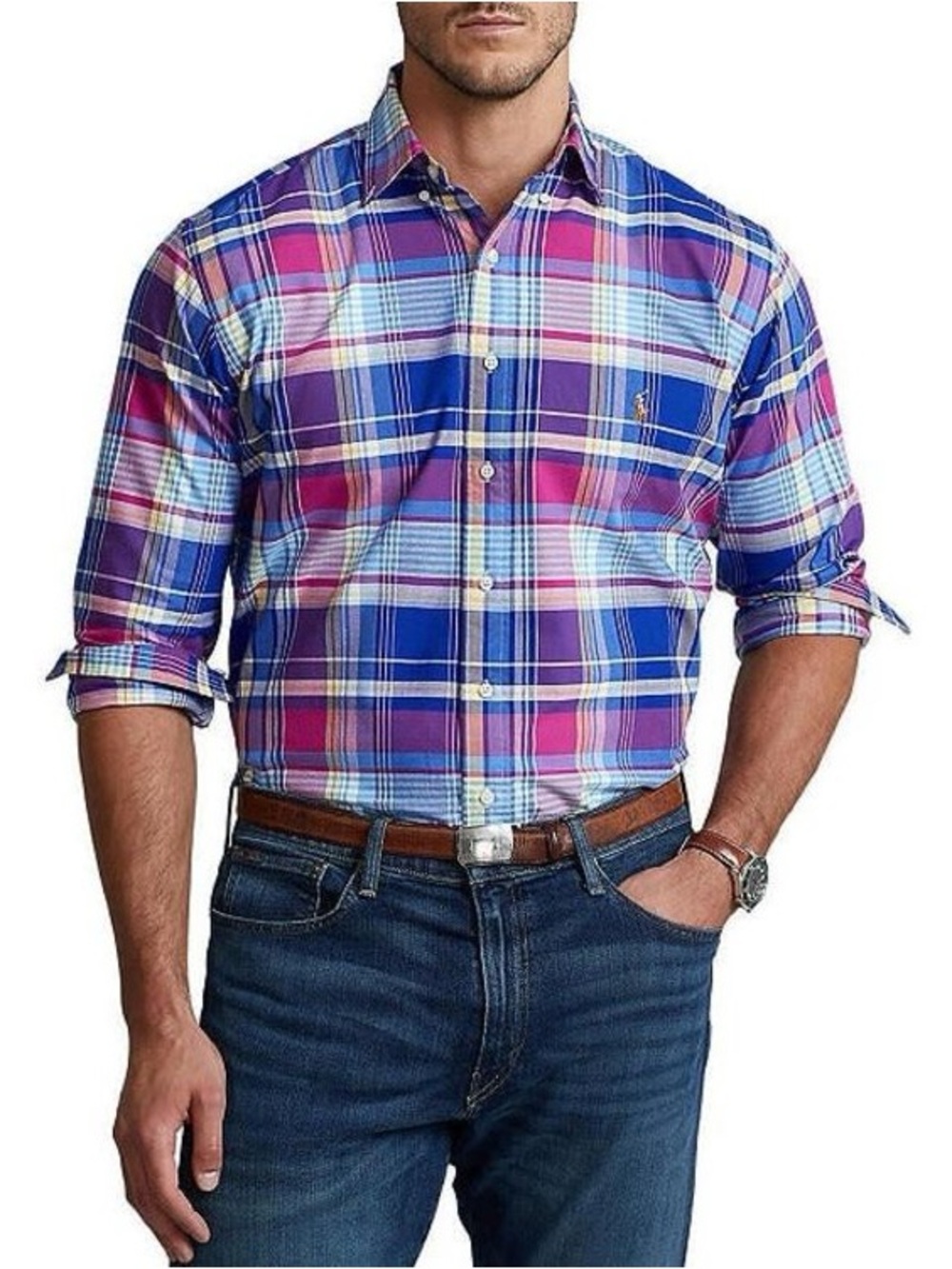 EUC Ralph Lauren Classic Fit Plaid Oxford Multicolor (pink and blue) XXL Tall
